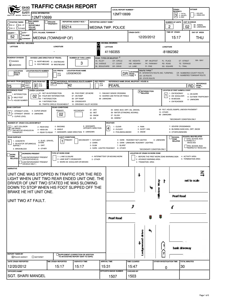 TRAFFIC CRASH REPORT 12MT10699 12MT10699 PDO UNDER STATE REPORTABLE DOLLAR AMOUNT PHOTOS TAKEN OH -2 OH -1P OH -3 OTHER 52 05214 3 REPORTING AGENCY NAME * MEDINA TWP Preview on Page 1.