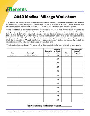 2013 Medical Mileage Worksheet