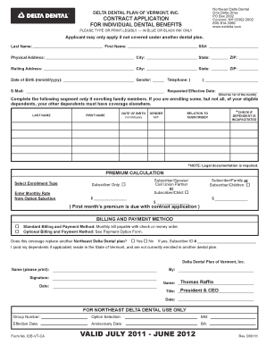 Vermont Dental Benefits Contract Application