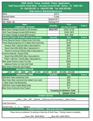 2009 North Texas Football Ticket Application