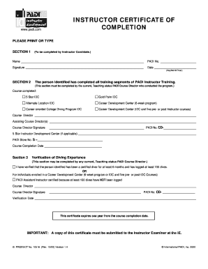 PADI Instructor Certificate of Completion