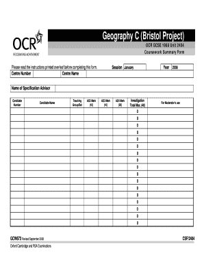 GCSE Geography Coursework Summary Form