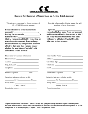 Request for Removal of Name from an Active Joint Account