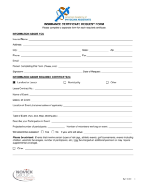 Insurance Certificate Request Form