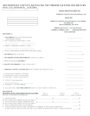 WHITLEY COUNTY KENTUCKY NET PROFITS LICENSE FEE RETURN