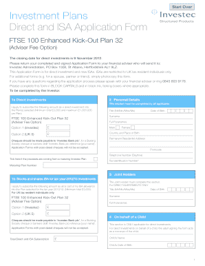 Investec FTSE 100 Enhanced Kick-Out Plan Application