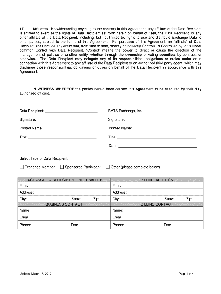 Fillable Online EXCHANGE DATA VENDOR AGREEMENT This BATS Exchange