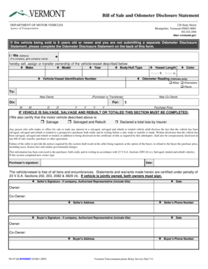 Vermont Bill of Sale and Odometer Disclosure Statement
