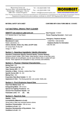 Material Safety Data Sheet for K-67 Bacterial Drain Cleaner