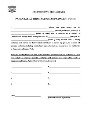 Cooperstown Dreams Park Parental Authorization Form
