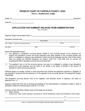 Ohio Application for Summary Release from Administration