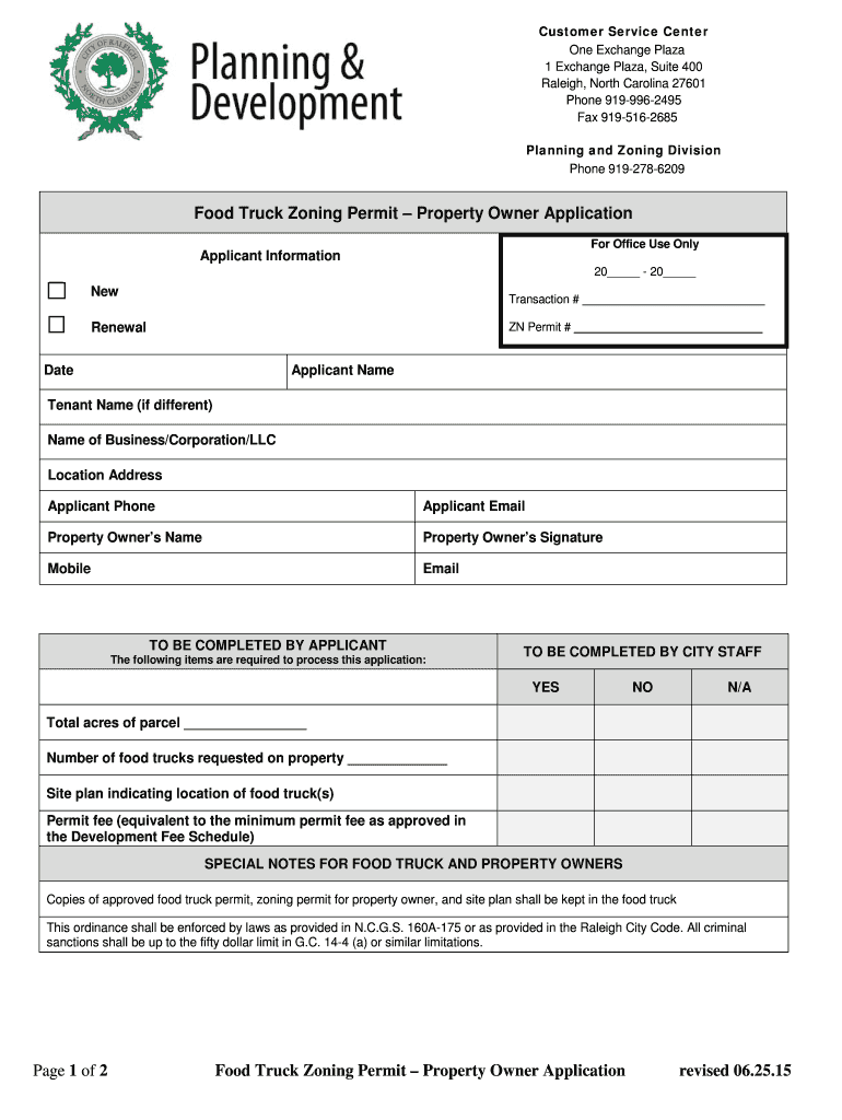 Fillable Online raleighnc Food Truck Zoning bPermitb for Property Owner