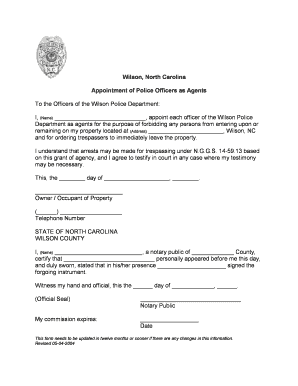 North Carolina Police Agent Appointment Form
