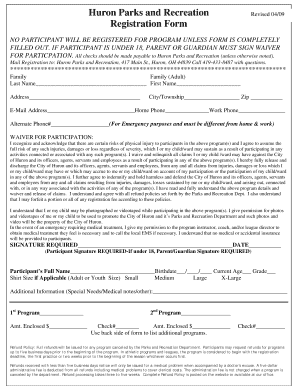 Huron Parks and Recreation Registration Form