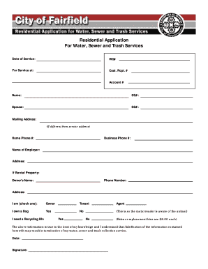 Residential Application for Water Sewer Trash Services