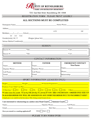 Reynoldsburg Recreation Program Registration Form