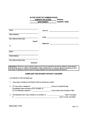Ohio Divorce Complaint Without Children