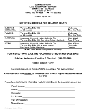 Columbia County Inspection Schedule