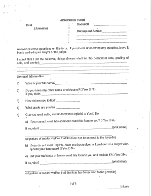 Juvenile Delinquent Admission Form