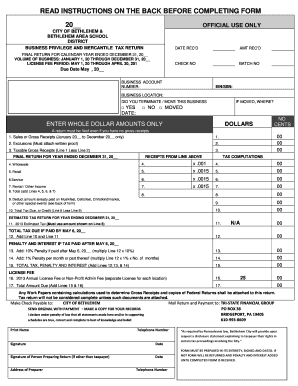 City of Bethlehem Business Privilege and Mercantile Tax Return