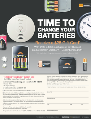 Duracell Gift Card Promotion Form