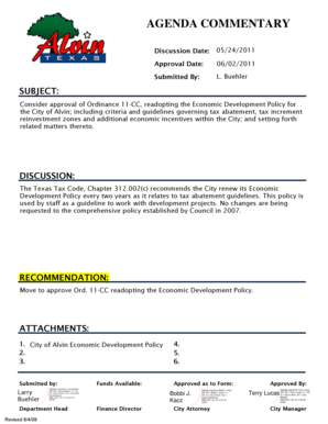 Consider approval of Ordinance 11CC, readopting the Economic Development Policy for - alvin-tx