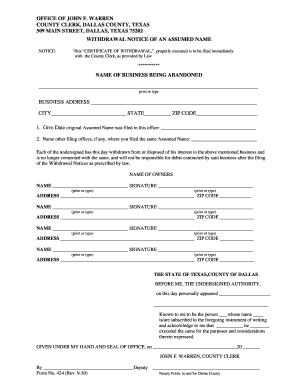Texas Withdrawal Notice of an Assumed Name