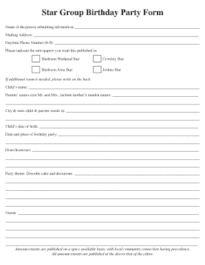 Star Group Birthday Party Form