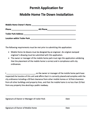 Mobile Home Tie Down Installation Permit Application
