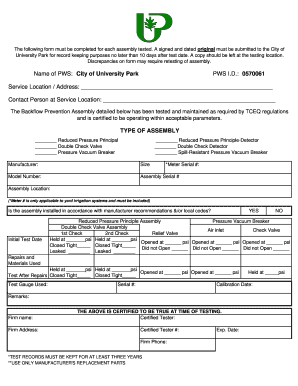 Backflow Prevention Assembly Test Form