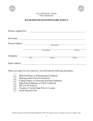 Richmond Police Department Background Questionnaire