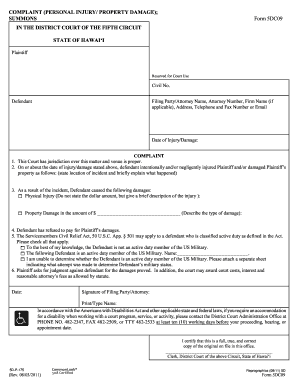 Hawaii Personal Injury Property Damage Complaint