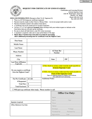 Arizona Request for Certificate of Good Standing