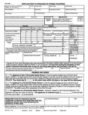 Vermont Form 228 Application to Proceed In Forma Pauperis