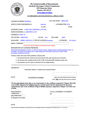 Massachusetts On Premises License Renewal Application