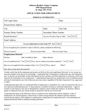 Johnson Brothers Liquor Company Employment Application