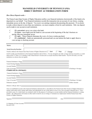 Mansfield University Direct Deposit Authorization Form