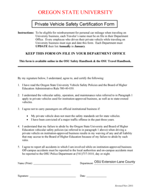 Oregon State University Private Vehicle Safety Certification Form