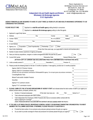 E&O Application for Life and Health Insurance Agencies