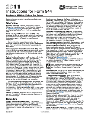 2011 Instruction 944. Instructions for Form 944, Employer's ANNUAL Federal Tax Return