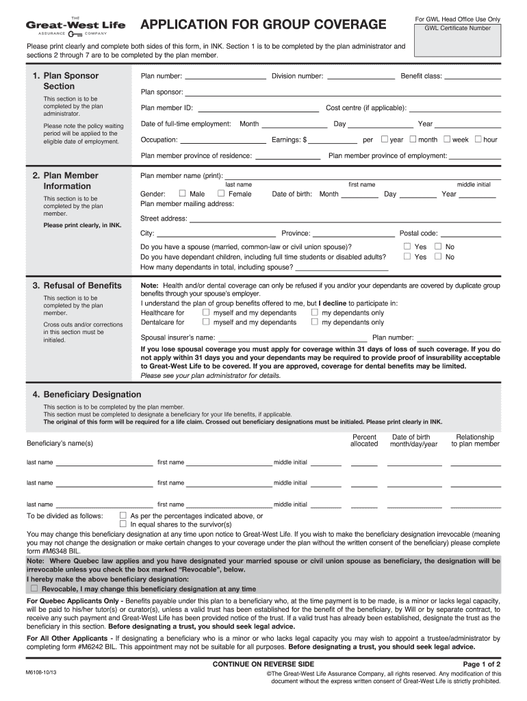 canada life enrollment form Preview on Page 1