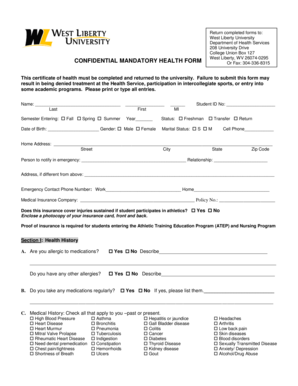 West Liberty University Mandatory Health Form