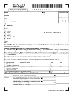 Oregon Corporation Income Tax Return Form 20-I