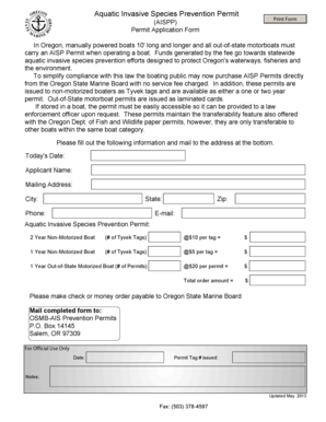 Oregon Aquatic Invasive Species Prevention Permit Application
