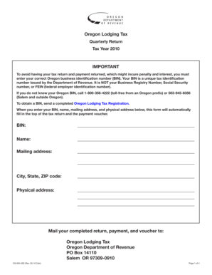 Oregon Lodging Tax Quarterly Return