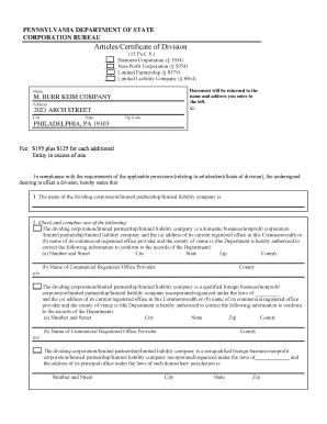 Articles/Certificate of Division - M. Burr Keim Company