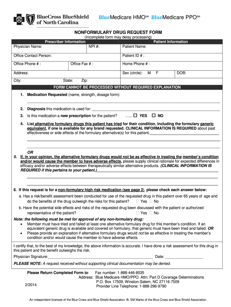 Fillable Online Blue Medicare HMO/PPO Nonformulary request form Fax