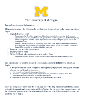 University of Michigan Tryout Clearance Form