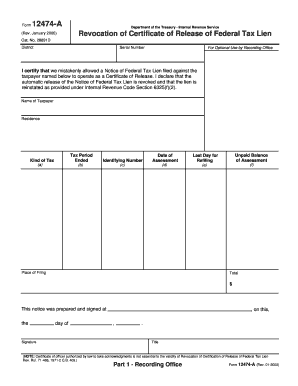 Form 12474-A Revocation of Certificate of Release of Federal Tax Lien