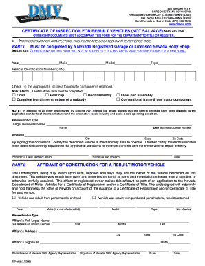 Nevada Rebuilt Vehicle Inspection Certificate